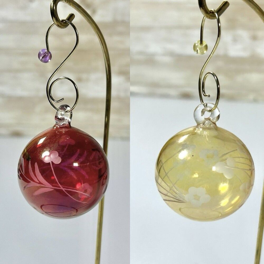 Hand Blown Red, Yellow Small Glass Ornaments Etched Floral Design Christmas